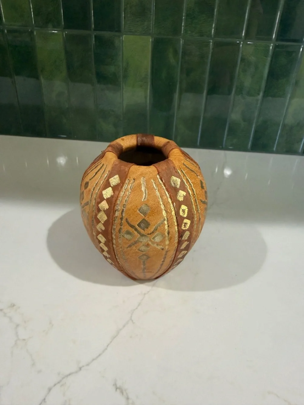 Vtg Leather Wrapped Egg Vase Tribal Décor
